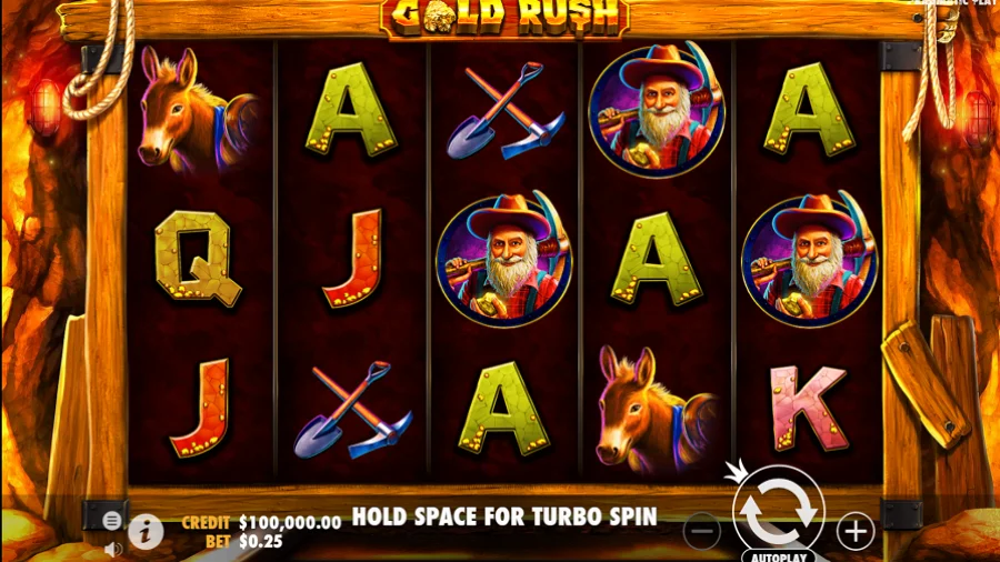 Gold Rush Slots base game – 5x3 reels with mining symbols and paylines