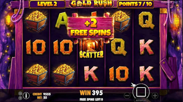 Gold Rush Slots big win celebration screen with golden coins